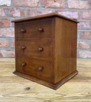 Victorian mahogany wood table top bank of three drawers, 27cm x 27cm