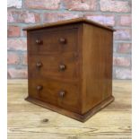 Victorian mahogany wood table top bank of three drawers, 27cm x 27cm