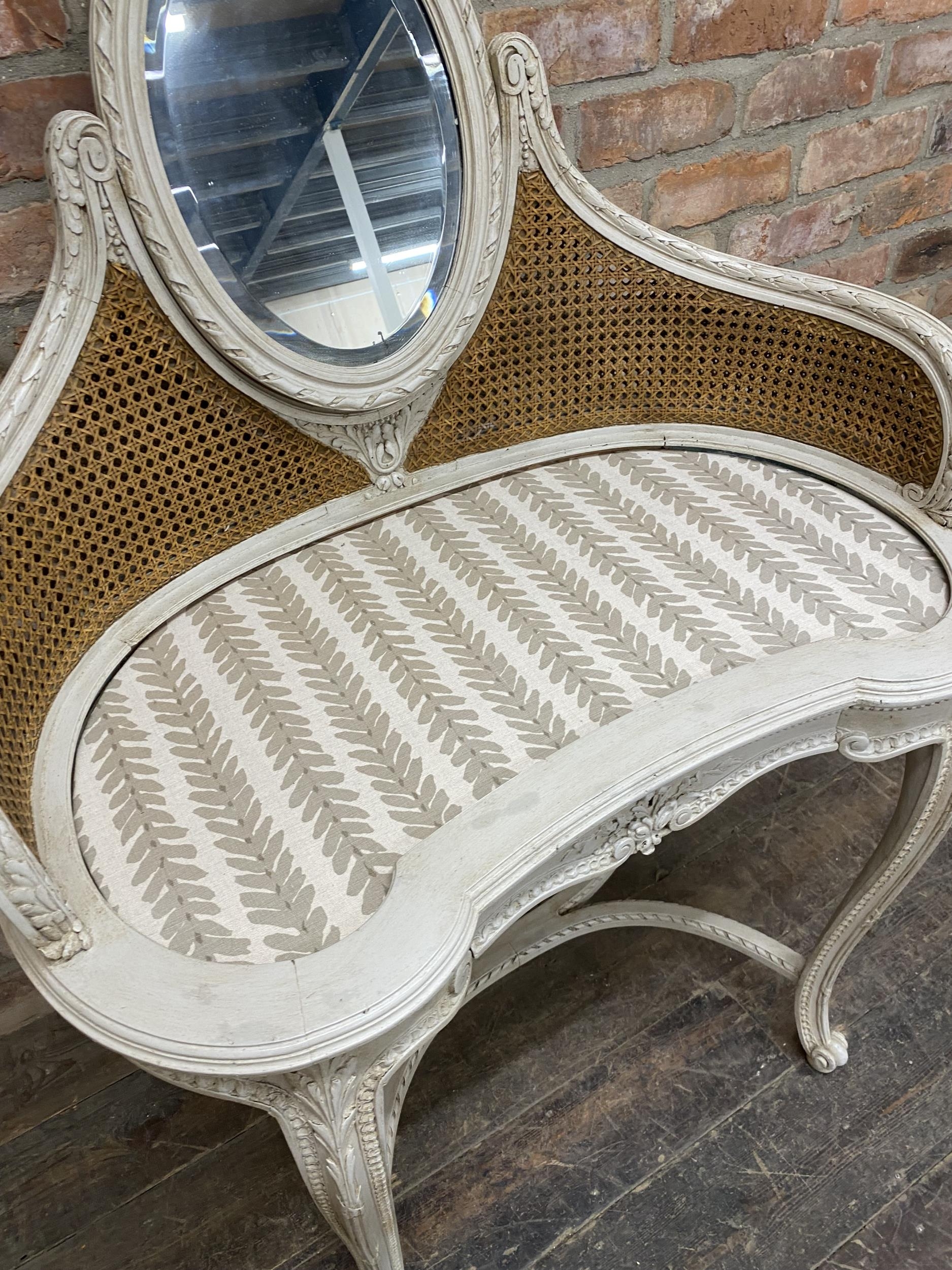 19th century French kidney shaped dressing table, raised mirror and bergere back, fitted with - Image 4 of 5