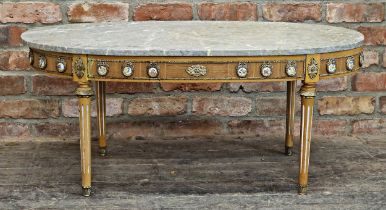 20th century French marble top coffee table with applied metal and porcelain mounts, raised on