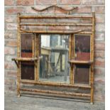 Victorian Aesthetic Movement bamboo overmantel mirror with central bevelled glass plate and three