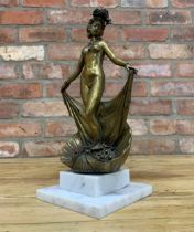 Exceptional Chinese Art Deco Orientalist cast bronze erotica sculpture atop clam shell, mounted on