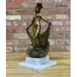 Exceptional Chinese Art Deco Orientalist cast bronze erotica sculpture atop clam shell, mounted on