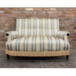 Victorian parlour sofa, with candy stripe upholstery, tasselled fringe and ceramic casters, H 95cm x