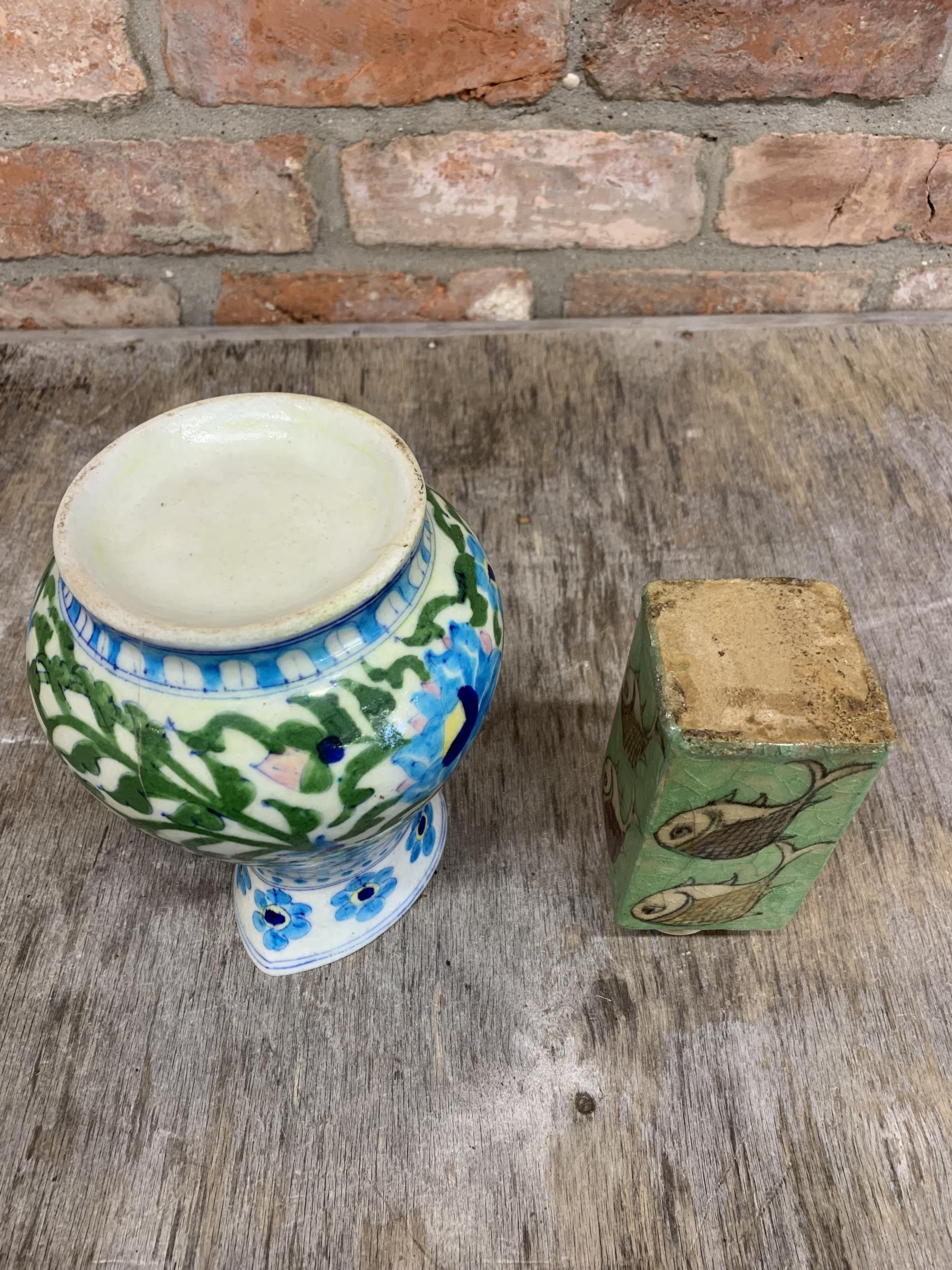 Antique Iznik pottery jug with typical scrolled foliate decoration, 20cm high, with further - Image 4 of 4