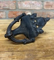 Georgian cast iron door knocker with winged sphinx decoration, 20cm x 12cm