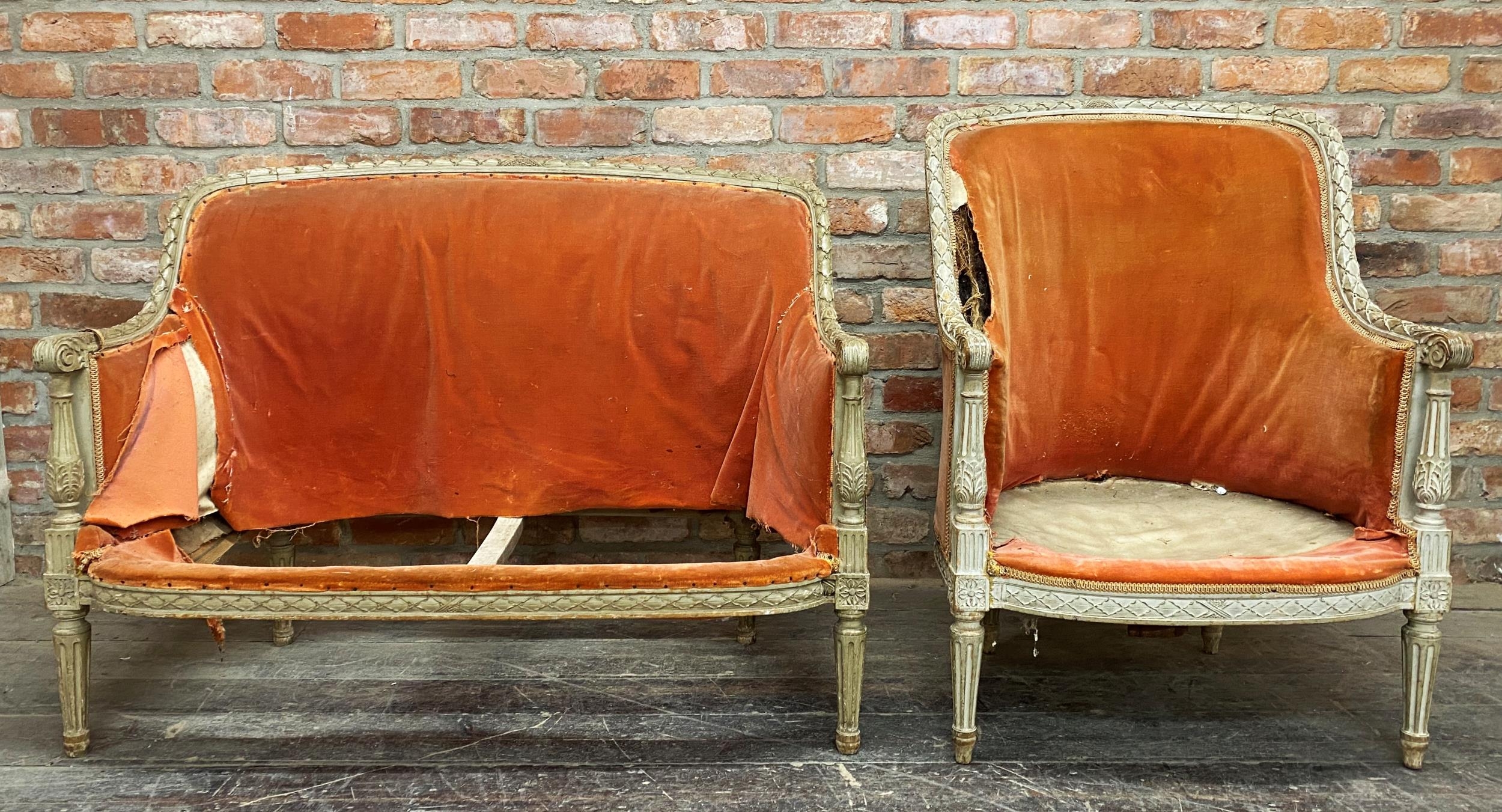 19th century French painted solon sofa and chair, with good carved framework, the sofa 114cm wide ( - Image 2 of 5