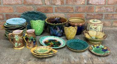 Large collection of antique majolica ceramics to include cheese dish, plates and jugs (28)