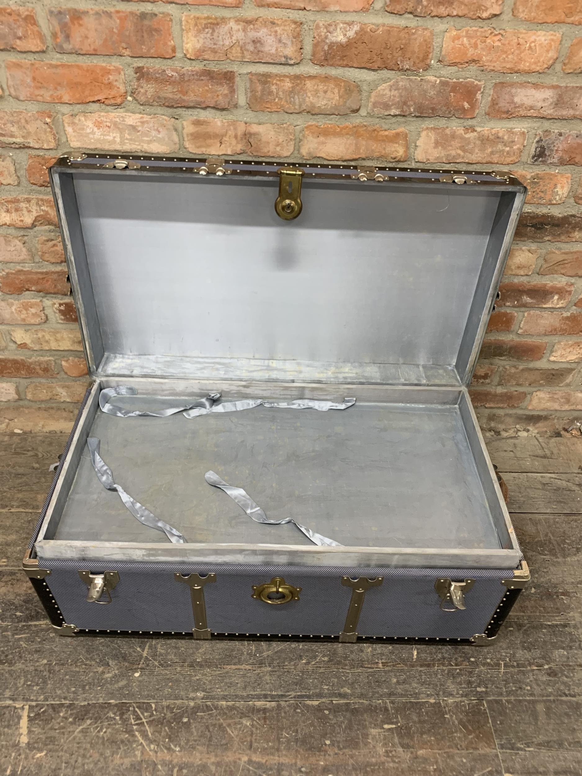 Vintage luggage flight case or trunk, with rivetted frame and original travel stickers, 38cm x 100cm - Image 2 of 4