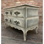 18th century French walnut bombe commode, two deep drawers, cabriole legs, H 84cm x W 124cm