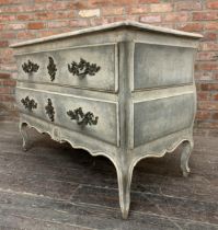 18th century French walnut bombe commode, two deep drawers, cabriole legs, H 84cm x W 124cm