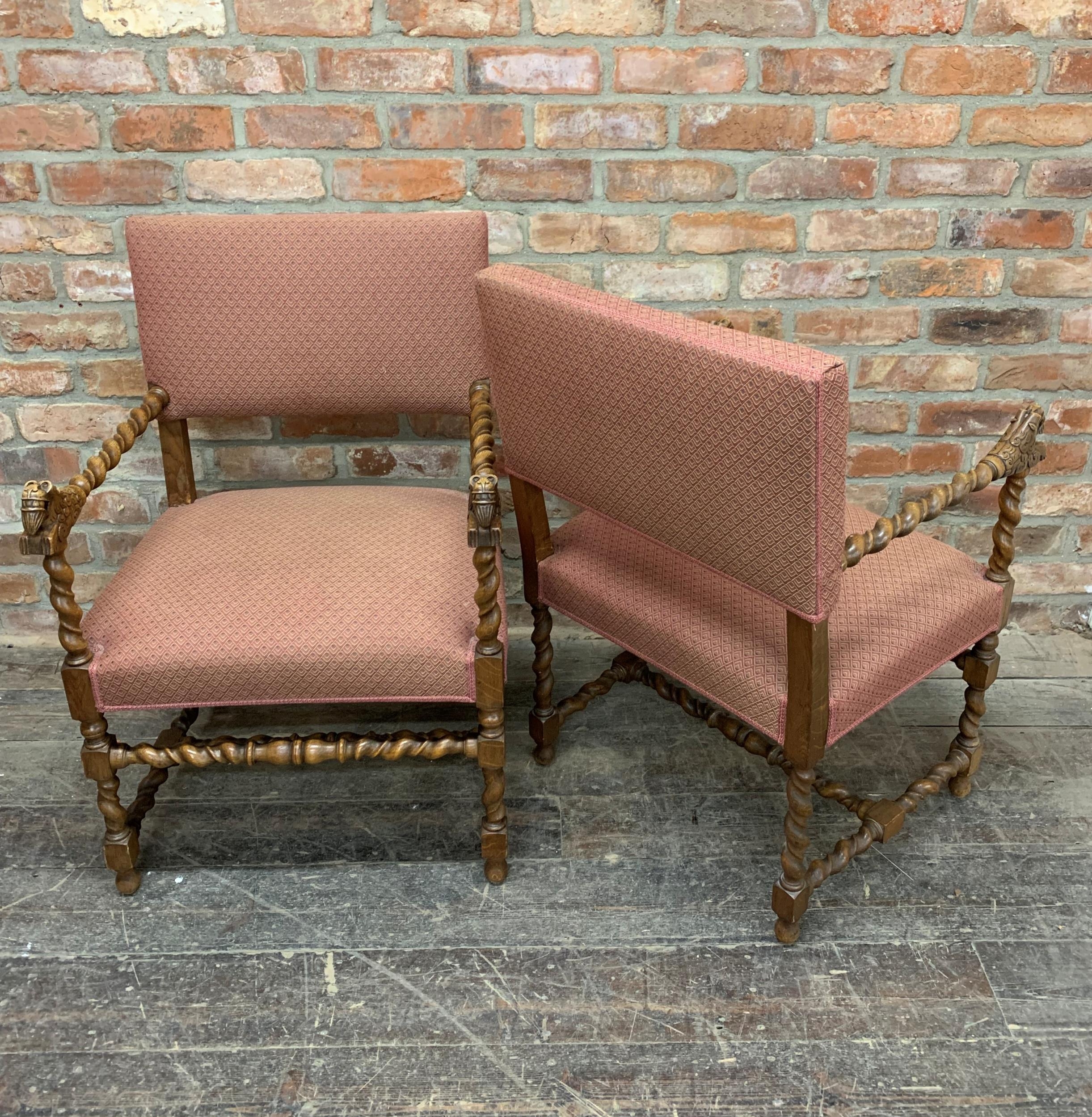 Good quality pair of early 20th century Arts and Crafts barley twist carver chairs, with unusual - Image 4 of 4