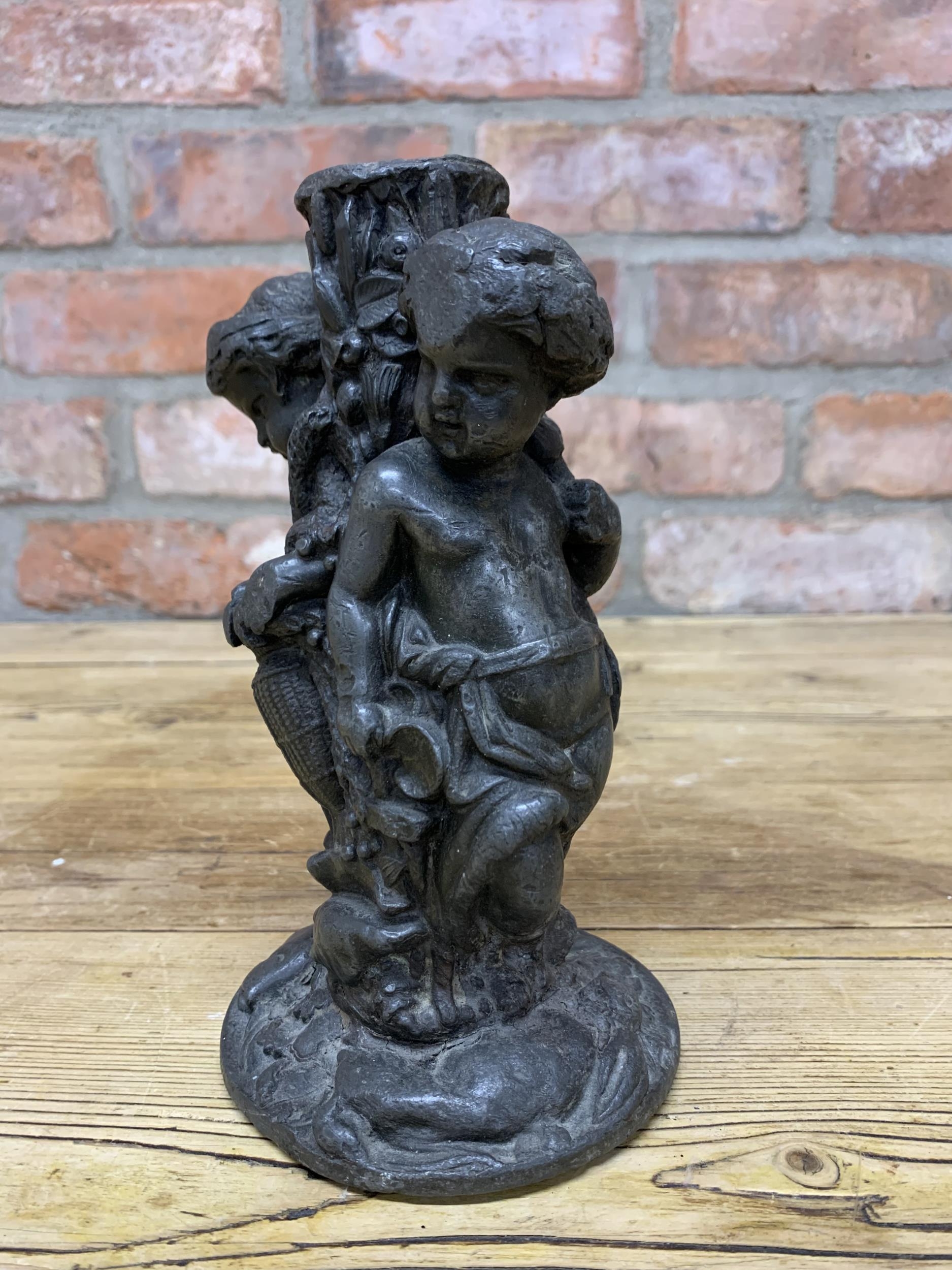 Antique Baroque period heavy lead fountain stem with tree stump and cherub decoration, H 20cm - Image 3 of 4