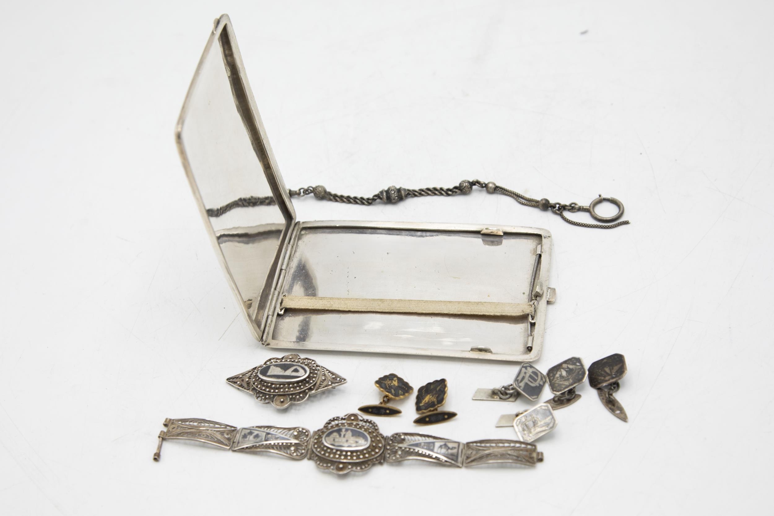 Niello silver lot comprising cigarette case, bracelet and brooch, three sets of cufflinks, with a - Image 3 of 3