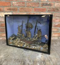 Large antique scratch built diorama of pirates shipwreck held within wooden case, H 44cm x W 60cm