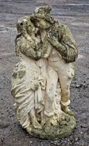 Weathered reconstituted stone statue of Romeo and Juliet, H 75cm