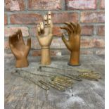 Quantity of antique glove makers model hands to include plaster, wooden and metal examples (5)