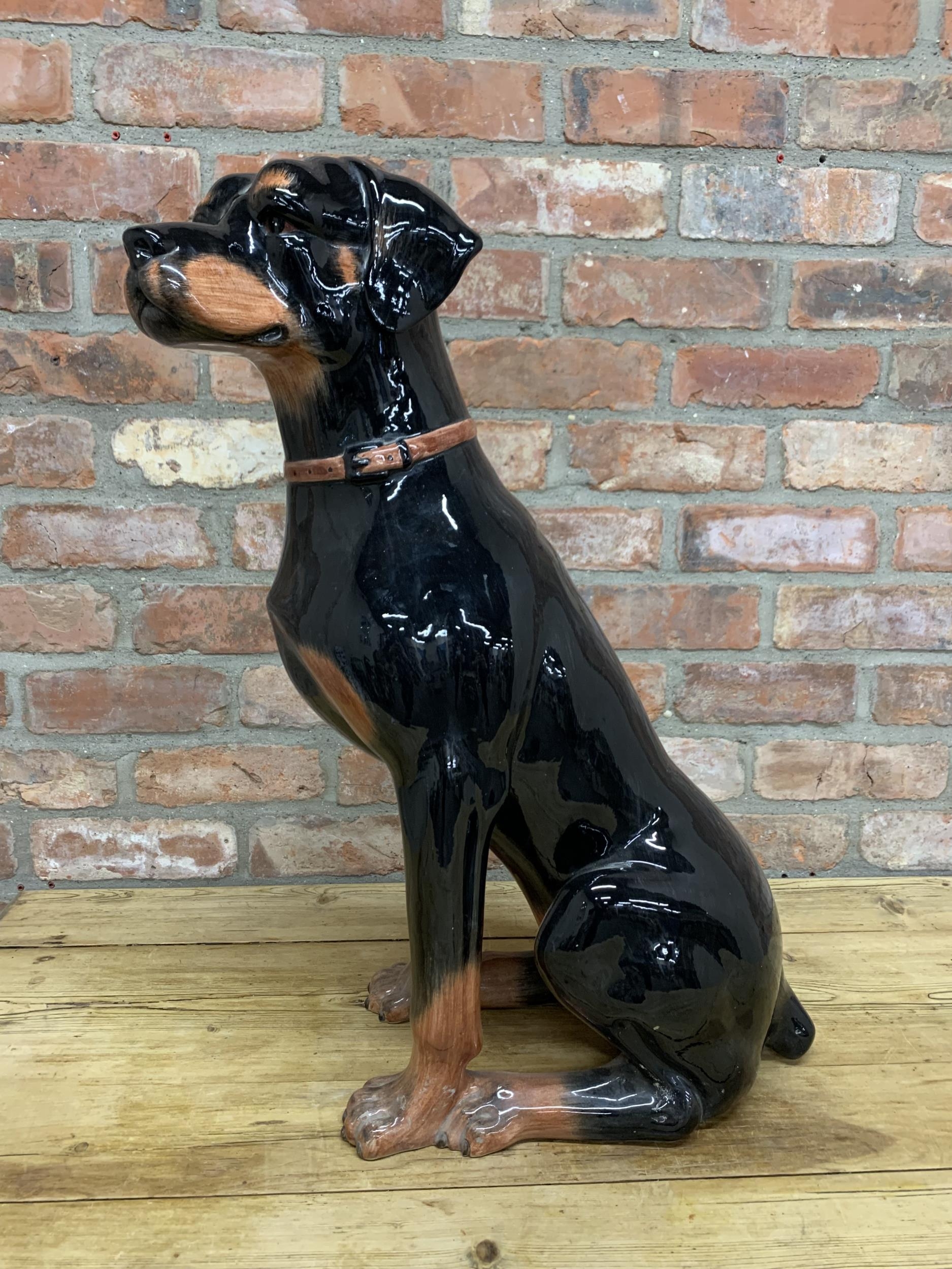 Large Mid Century Italian ceramic Doberman dog figurine, marked to base, H 70cm (AF)