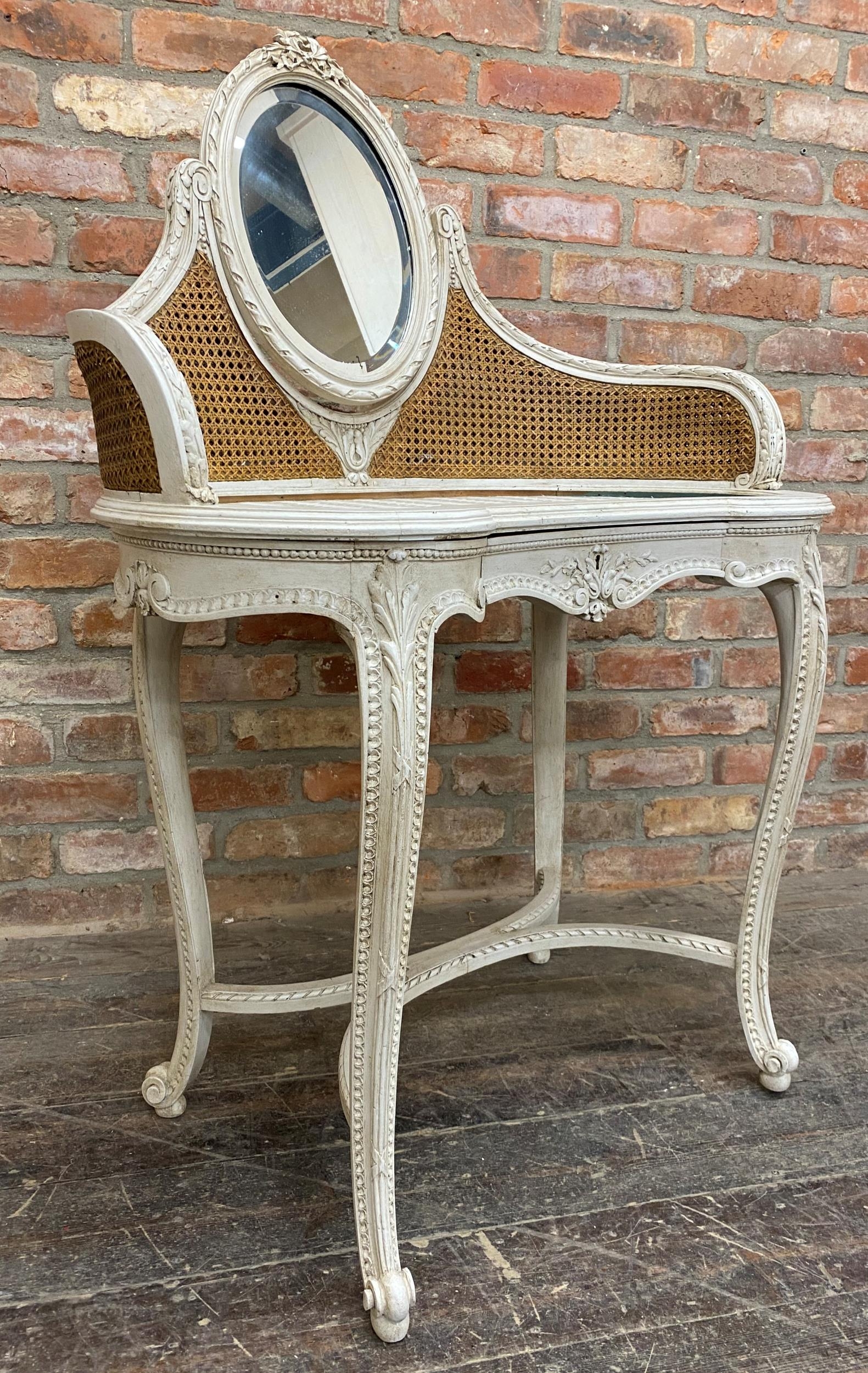 19th century French kidney shaped dressing table, raised mirror and bergere back, fitted with