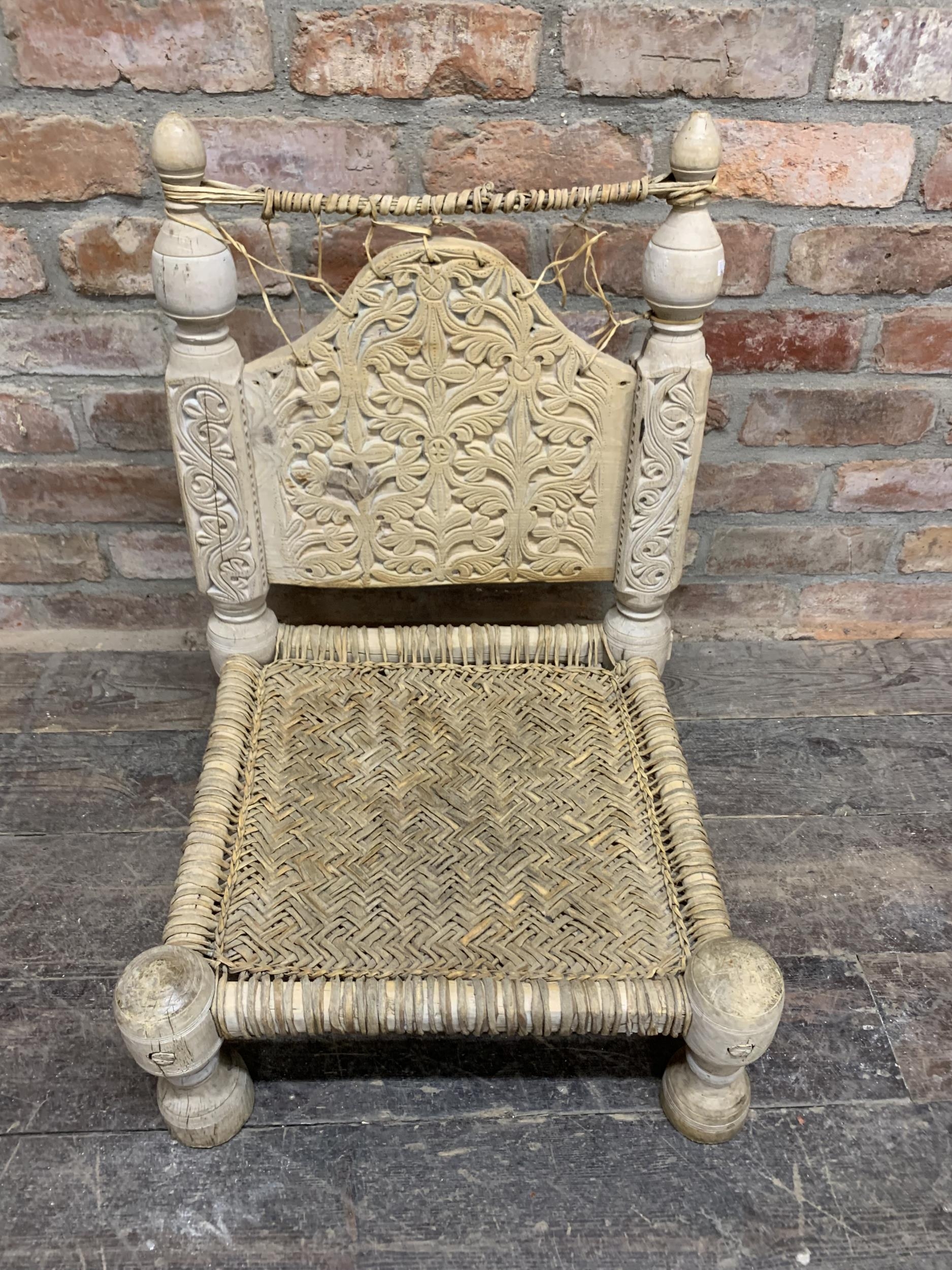 19th century Indian carved wood Pidha 'Marriage' chair, having carved back rest carved with - Image 2 of 3