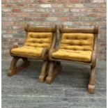 Pair of 19th century Ecclesiastical chairs with button back dralon upholstered cushions, H 84cm x