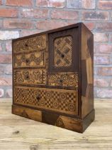 Antique Meiji period Japanese wooden marquetry Tansu table top cabinet, H 36cm x W 36cm