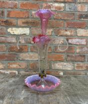 Large three branch pink cranberry glass epergne centre piece, H 56cm