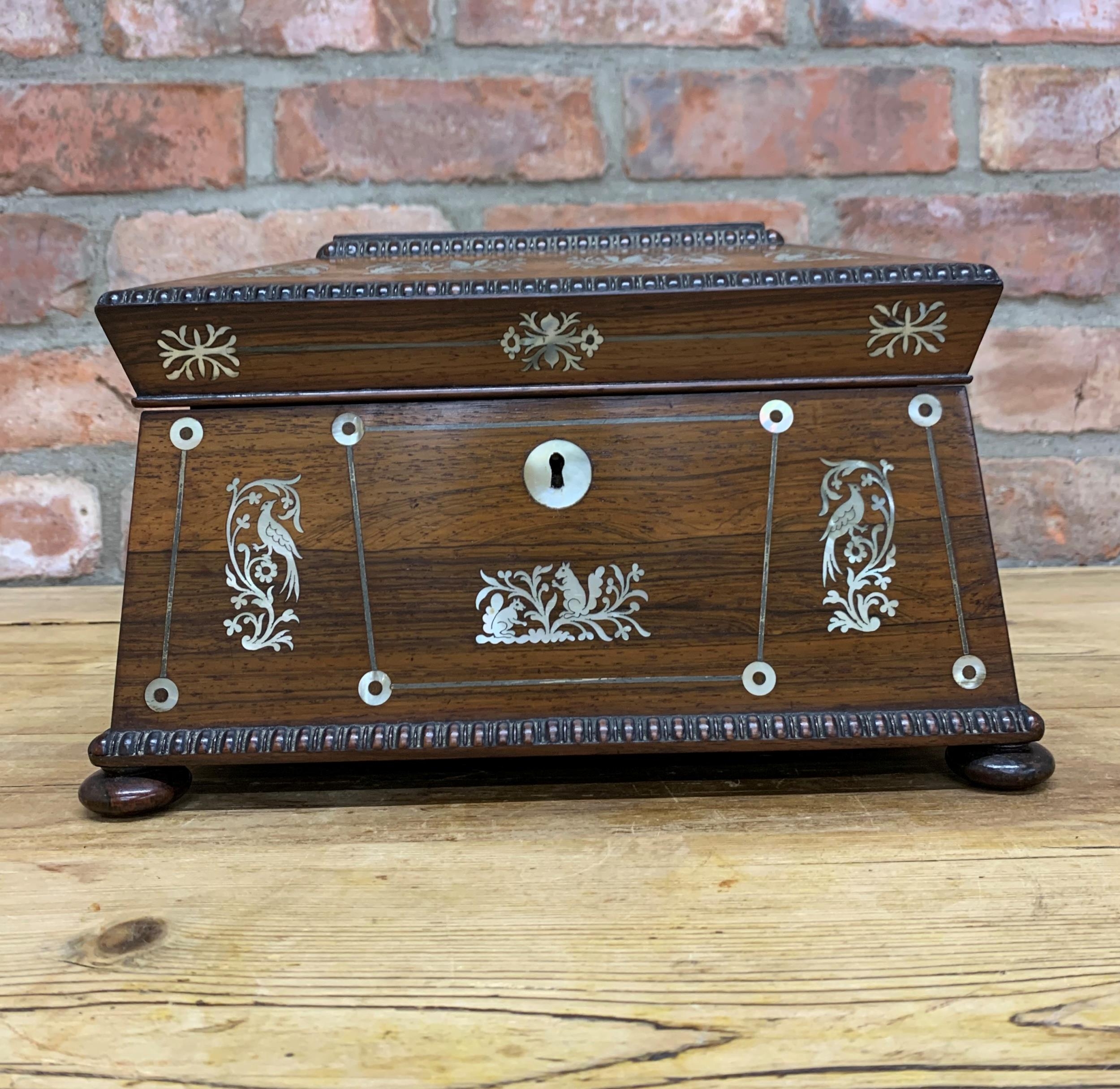 Impressive late Regency rosewood panelled sarcophagus sewing box, having an ornate squirrel and - Image 2 of 5