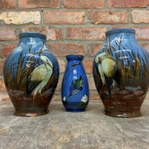 Quantity of blue Watcombe Torquay pottery hand painted vases to include kingfisher and seabird