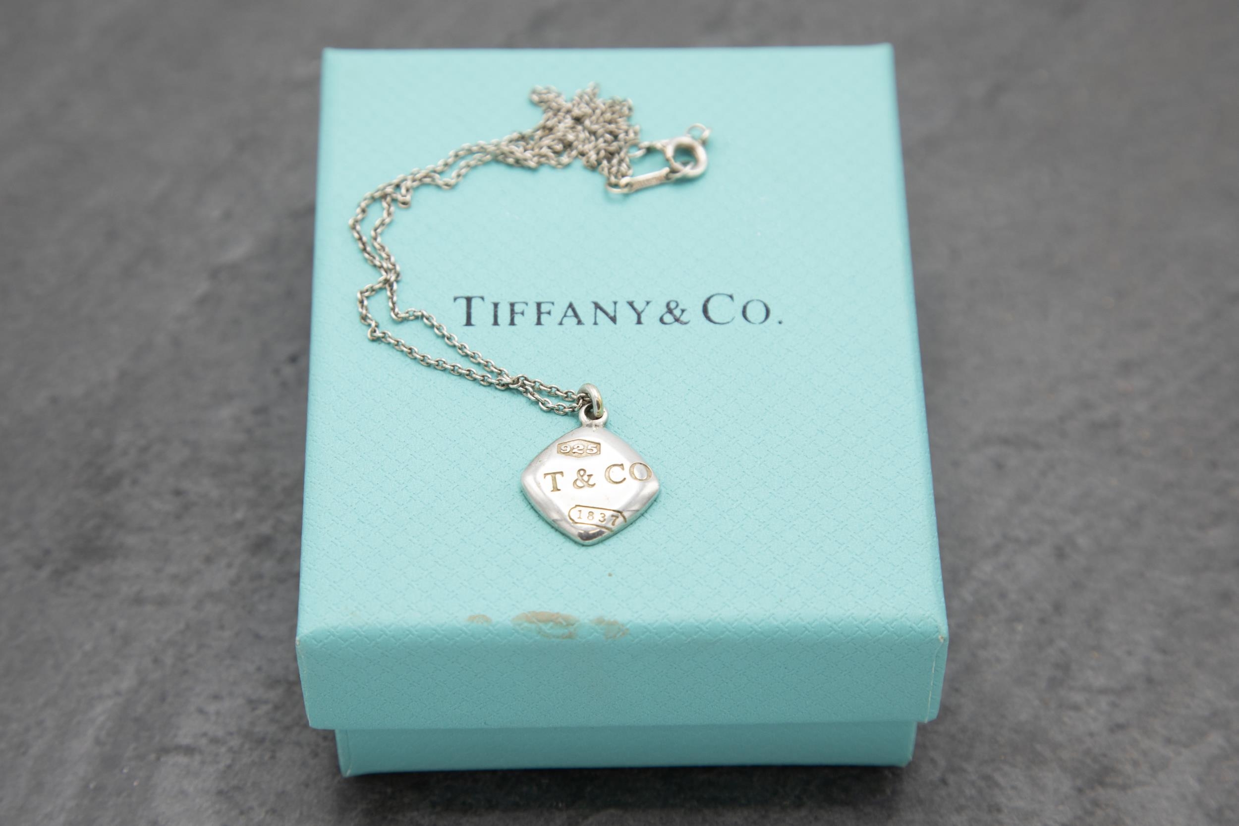 Tiffany & Co 925 silver cushion necklace with 16" rolo chain, held in original box, 5.5g