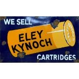 Advertising - Eley Kynoch, enamel picture sign with orange cartridge on blue ground, 27cm x 46cm