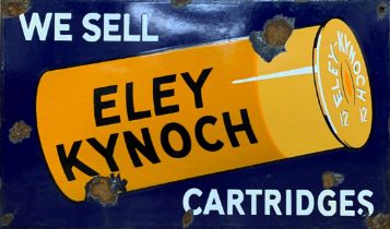 Advertising - Eley Kynoch, enamel picture sign with orange cartridge on blue ground, 27cm x 46cm