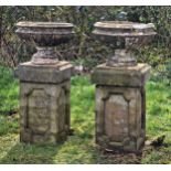 A Pair of reconstituted stone garden urns raised on associated square cut pedestals with fielded