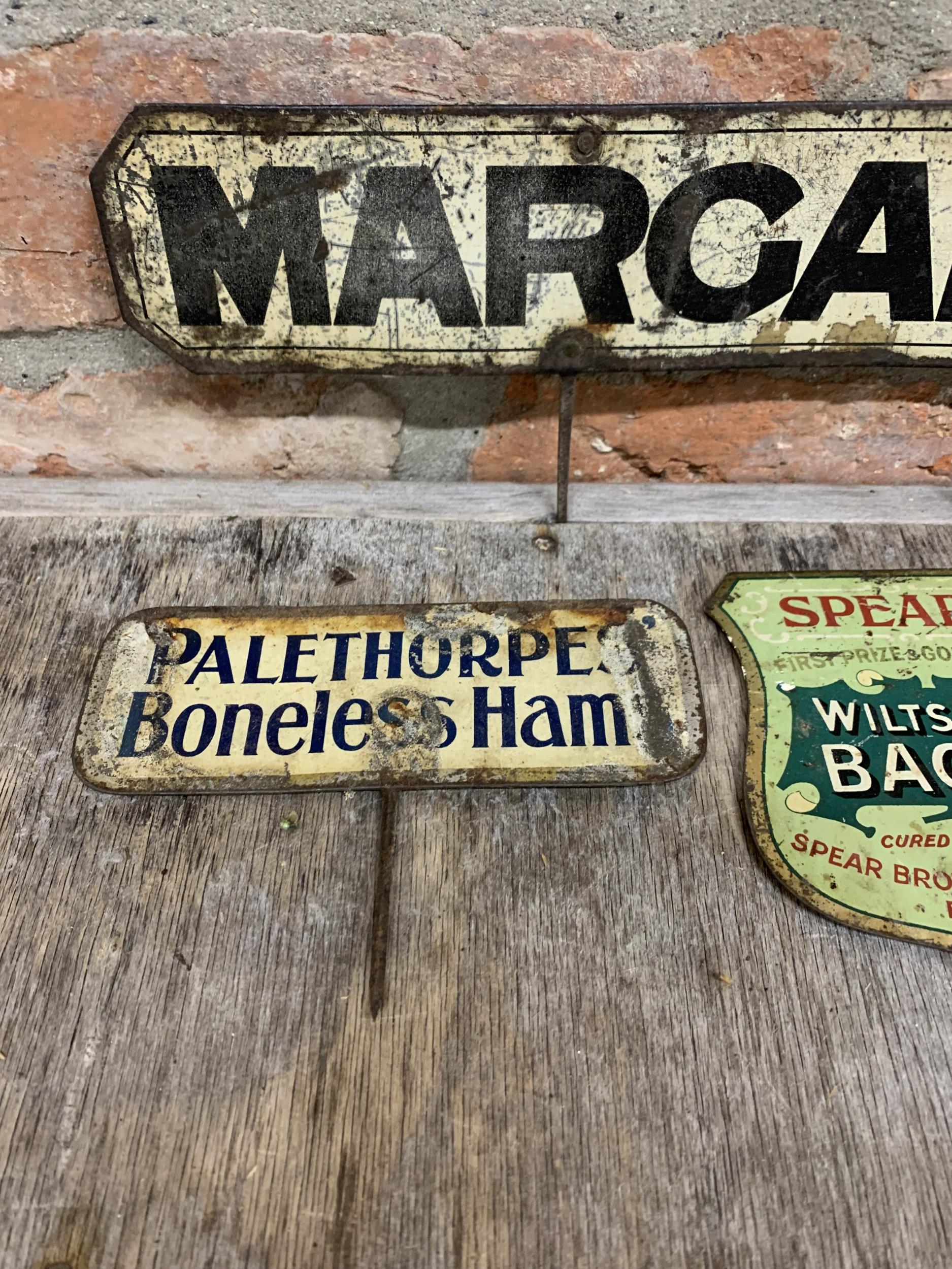 Quantity of antique store counter tin signs to include 'Spear's Wiltshire Bacon' and 'Palethorpe - Image 2 of 3