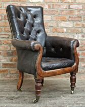 Good quality Regency mahogany button back library chair with studded leather upholstery, raised on