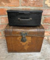 Cute sized painted tin trunk by George Coleman Ironmonger of Leicester, H 27cm x W 33cm, with a
