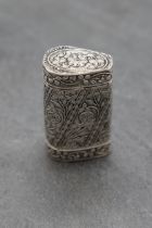 Continental 800 silver vesta, of tapered form, cast with scrolled foliage, lid at either end with