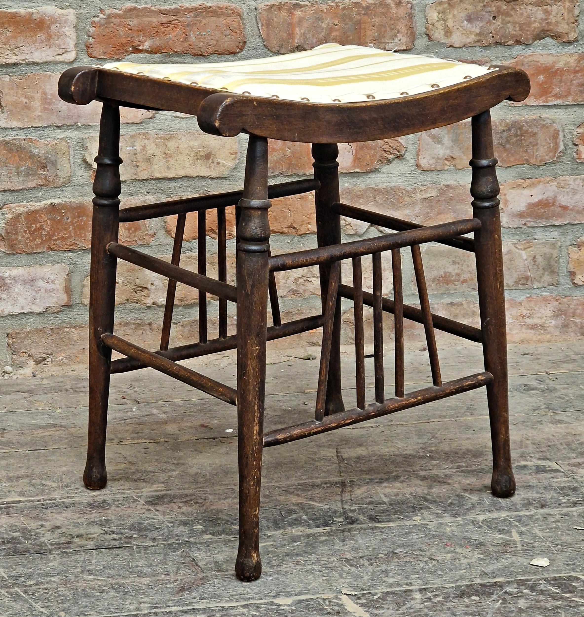 Antique Thebes style stool with studded fabric top raised on turned and tapered supports, H 51cm x W