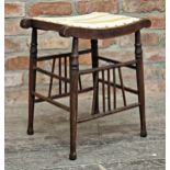 Antique Thebes style stool with studded fabric top raised on turned and tapered supports, H 51cm x W