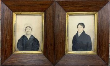 Pair of Victorian miniature portrait watercolour paintings of husband and wife in rosewood frames