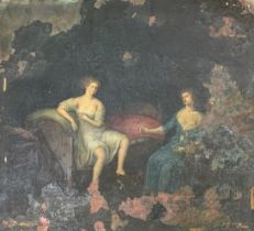 Late 17th century school - two nude graces in interior setting, oil on copper, 33 x 39cm, unframed