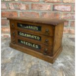 'Milward's Celebrated Needles' wooden tabletop 3 drawer advertising counter display, W 41cm x H 26cm