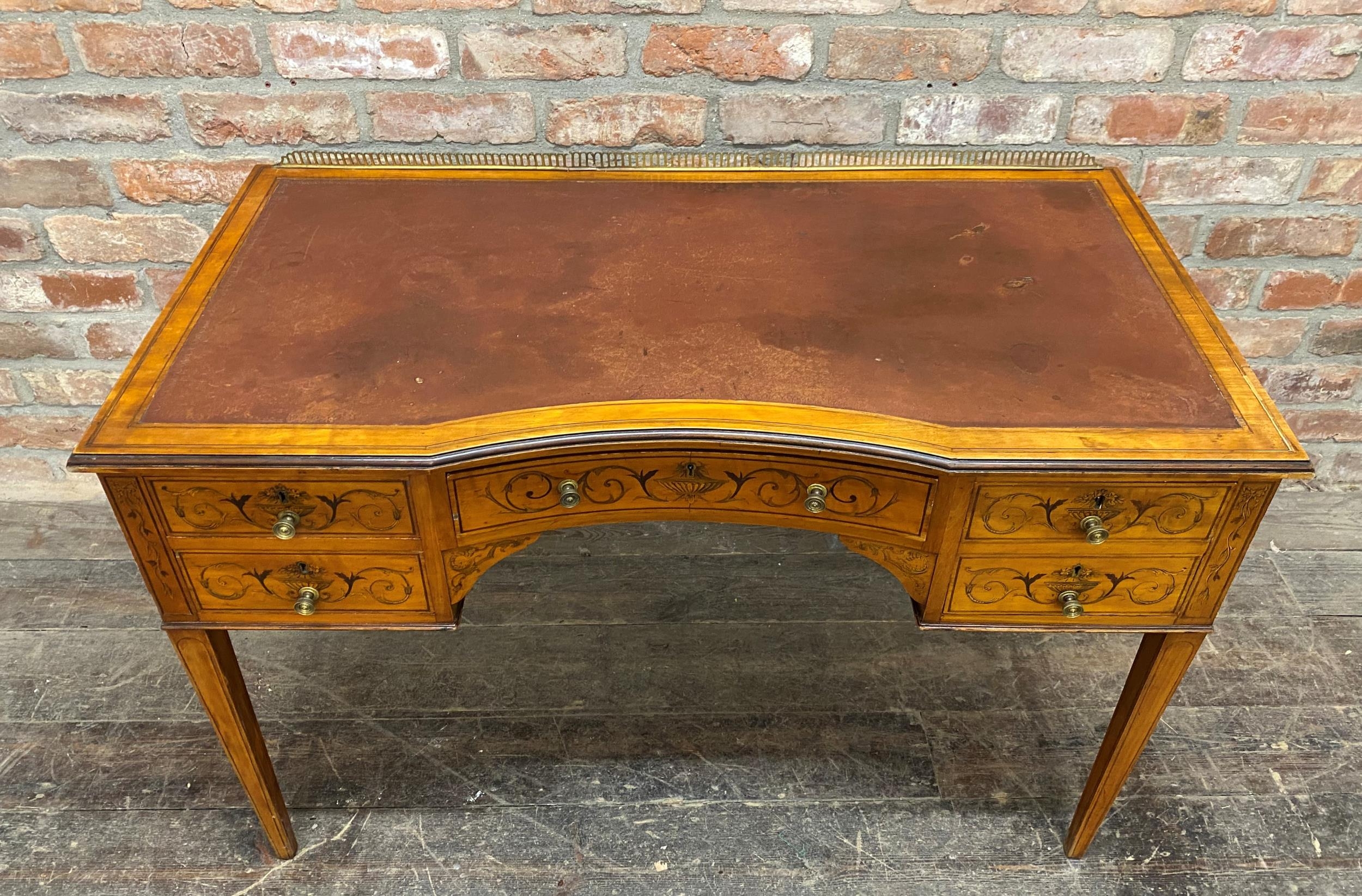 Edwardian Sheraton style satinwood reverse bow front desk or writing table, raised darted brass - Image 2 of 5