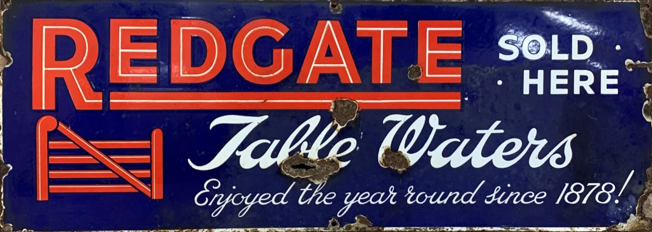 Redgate Table Waters Sold Here enamel advertising sign, W 81cm x H 28cm