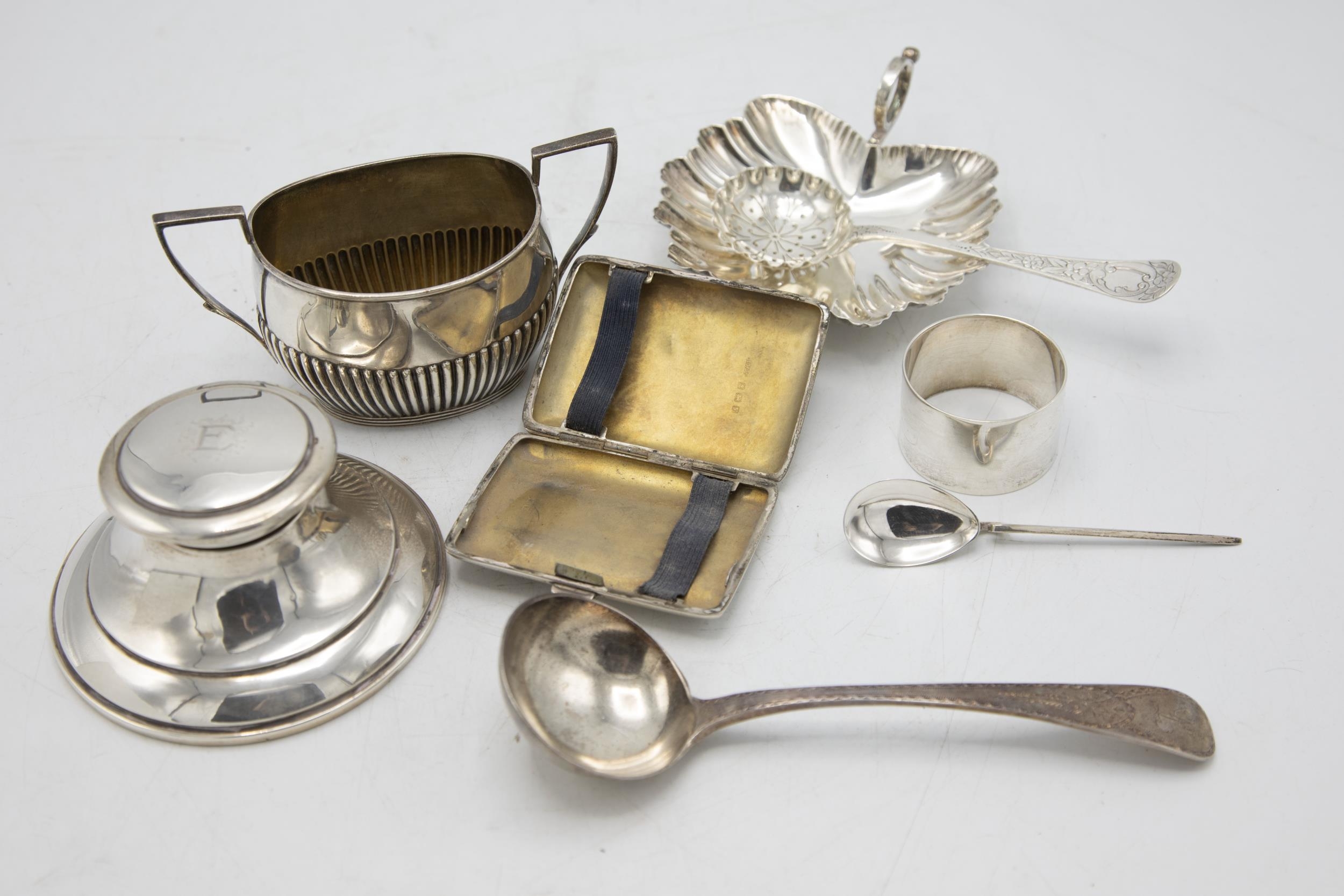Mixed silver comprising inkstand, Mappin & Webb leaf dish, cast bright cut sauce ladle, sugar - Image 2 of 2