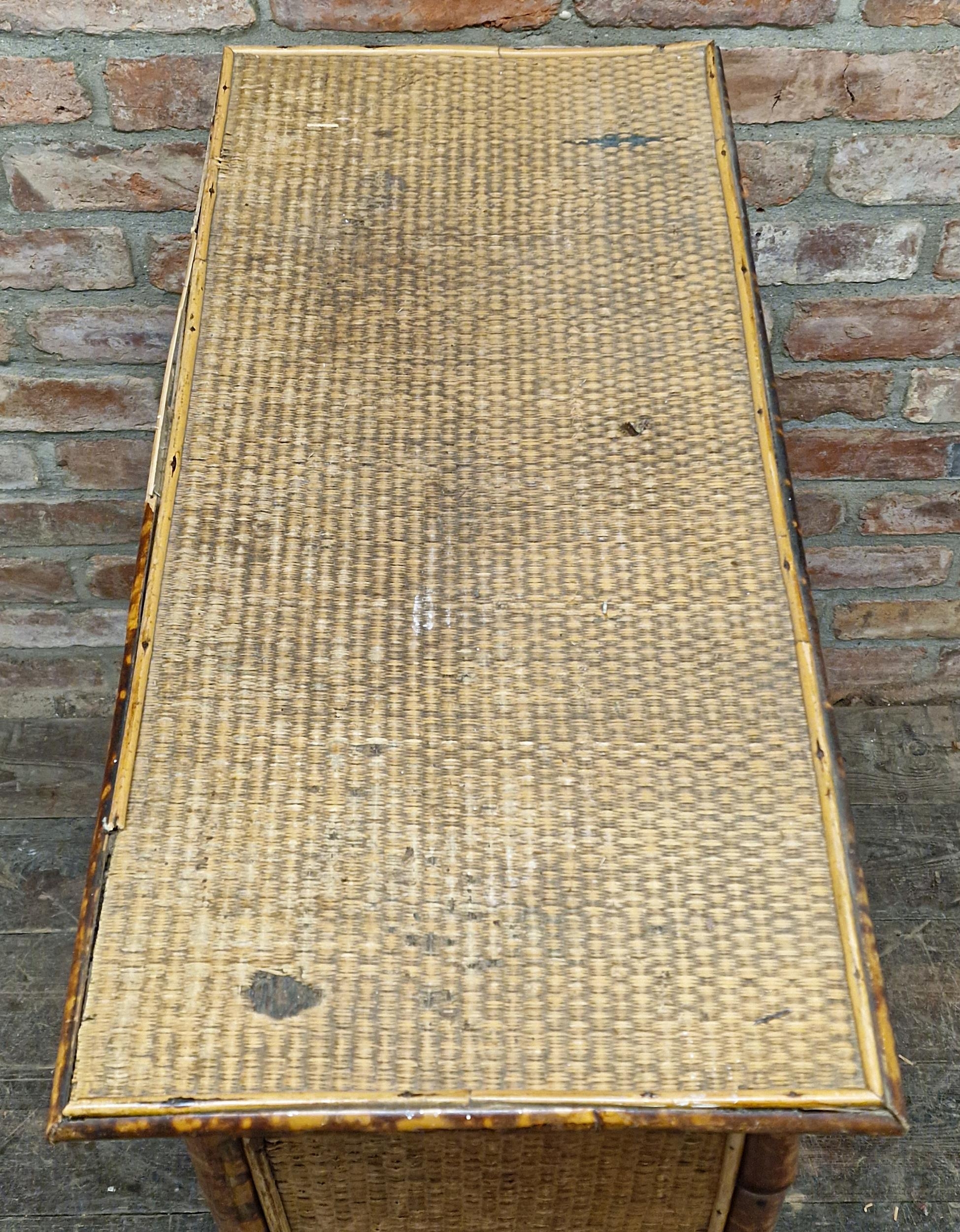 Victorian Aesthetic Movement bamboo and rattan open bookcase, the three fitted shelves with embossed - Image 2 of 5