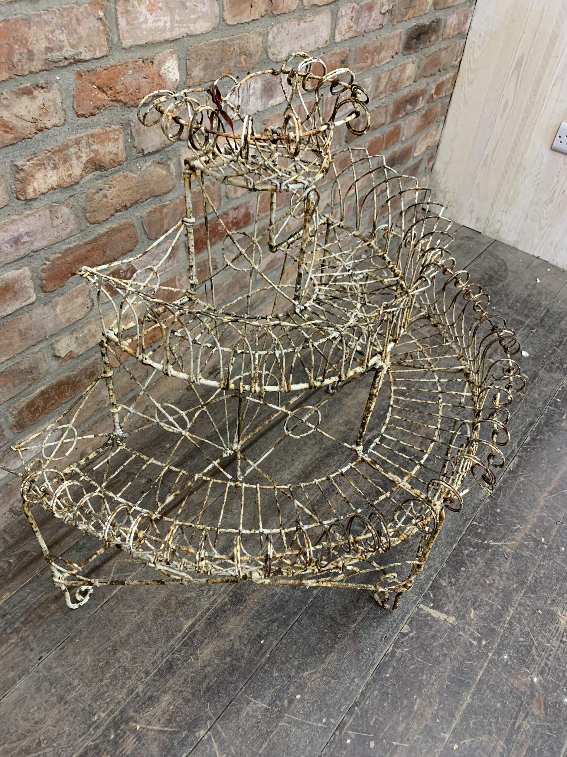 Antique wire work three tier demi-lune plant stand, H 87cm x W 86cm x D 48cm - Image 3 of 4