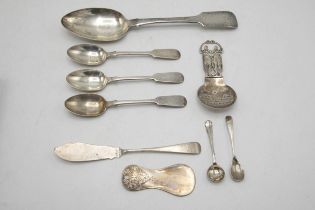 Collection of silver spoons to include Scottish silver fiddle table spoon, three teaspoons, two salt