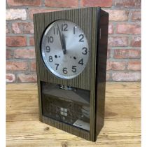 Mid Century wooden Seiko 30 day time dater wall clock, working, H 43cm x W 25cm