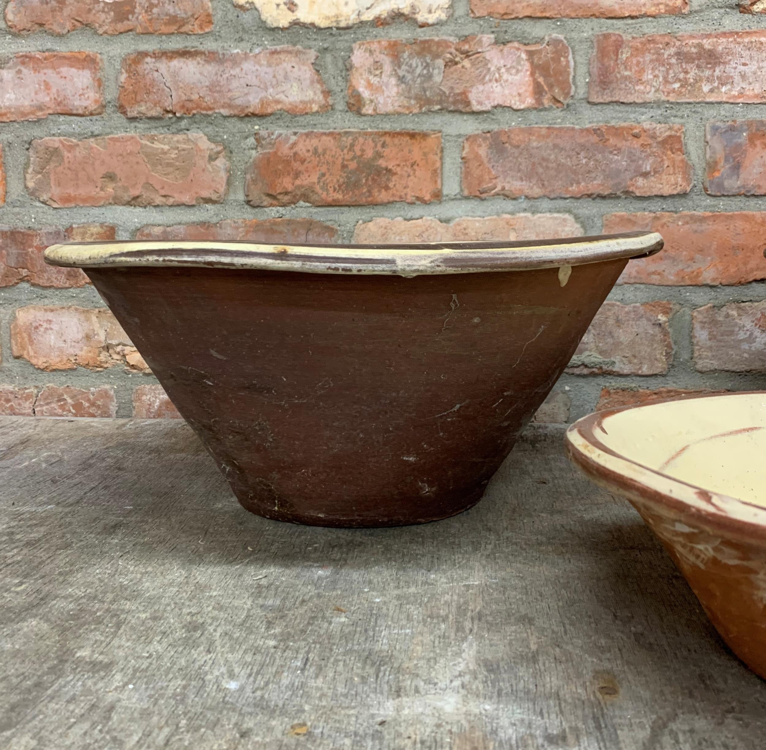 Three graduated glaze terracotta dairy bowls, the largest H 19cm x D 42cm - Image 3 of 4